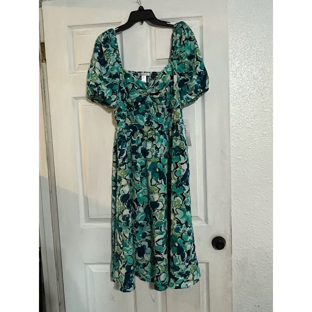 London Times Teal Green Floral Puff Sleeve Midi Dress T7814M NWT Womens 12